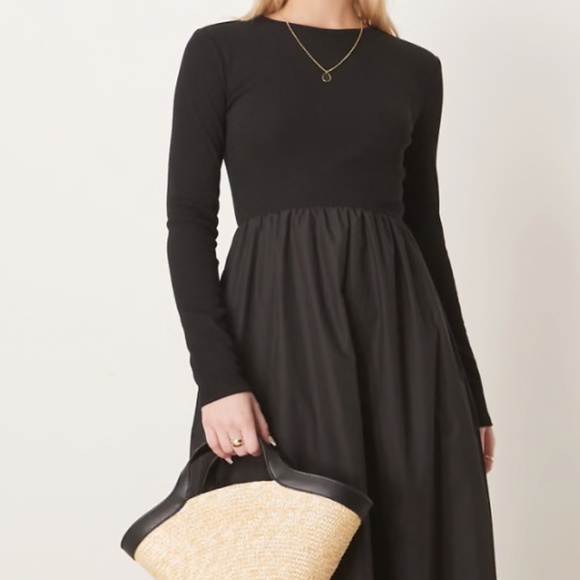 Threadbare long sleeve black midi dress with poplin skirt - Picture 1 of 3